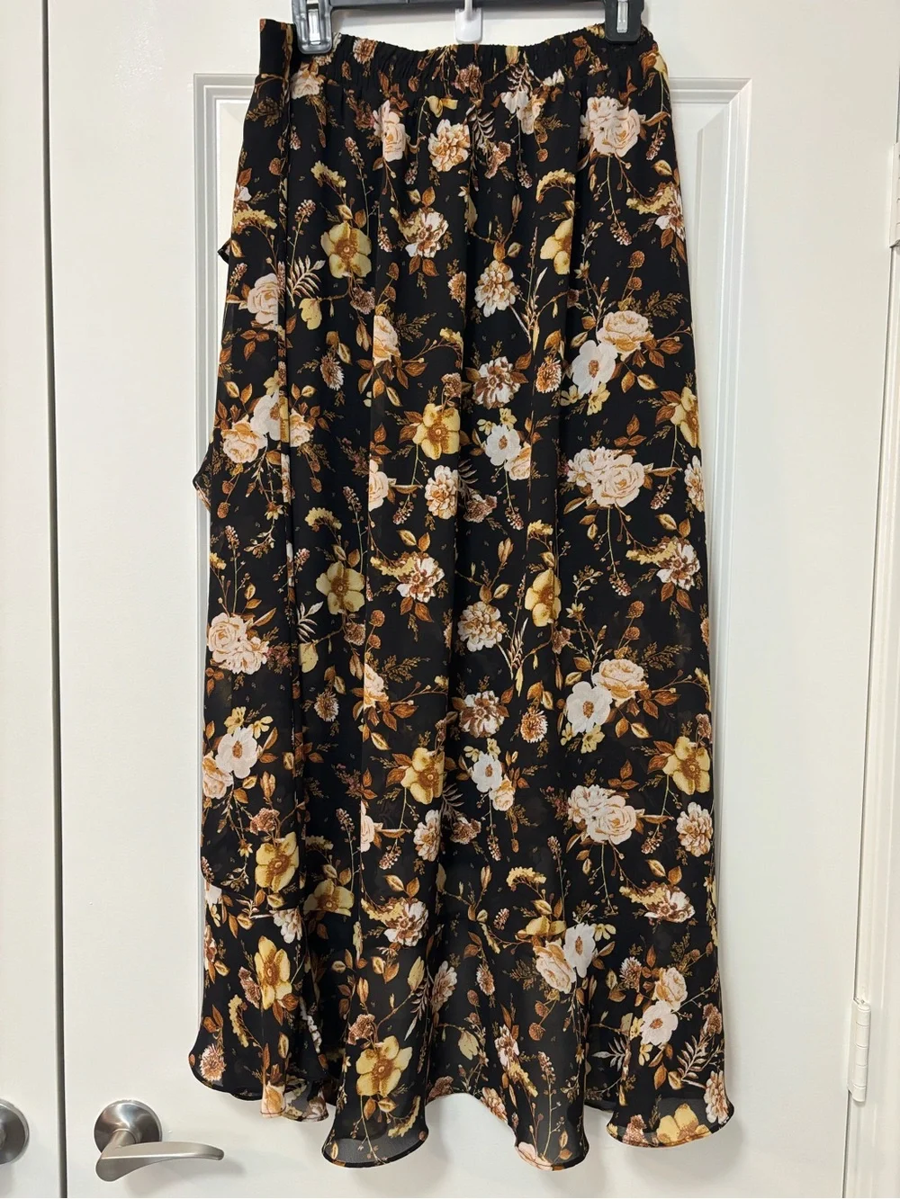 C Est. 1946 Black and Yellow Floral Ruffle Midi Skirt, Size XL